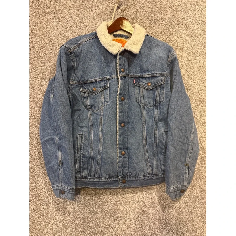 Levis‎ Denim Jacket Mens L Blue Sherpa Lined Trucker Classic Cotton Coat